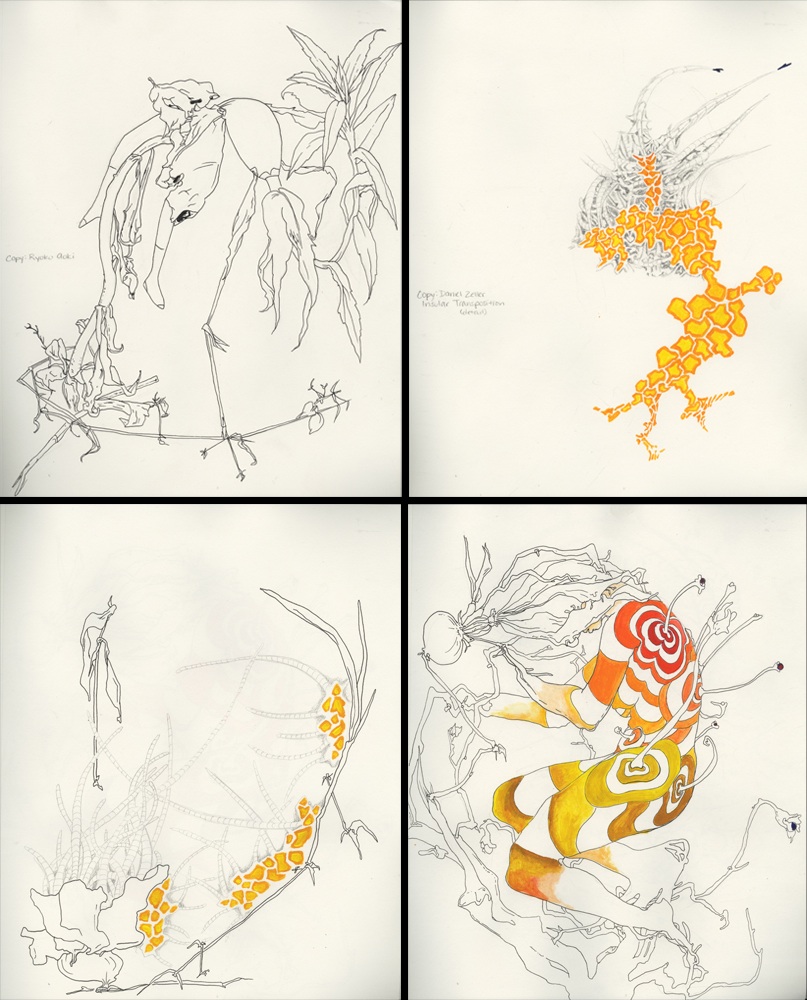 Heather Mahoney, "Untitled," Ink and colored pencil – Copy/Synthesize/Morph exercise (copying Ryoko Akoi and Daniel Zeller) completed for Intermediate Drawing Fall 2010, 4 drawings approximately 8”x10” each