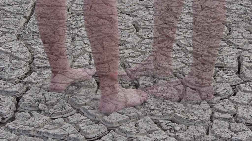 two pairs of translucent legs on a dried lake bed