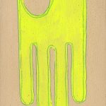 a neon yellow hand form on a tan background