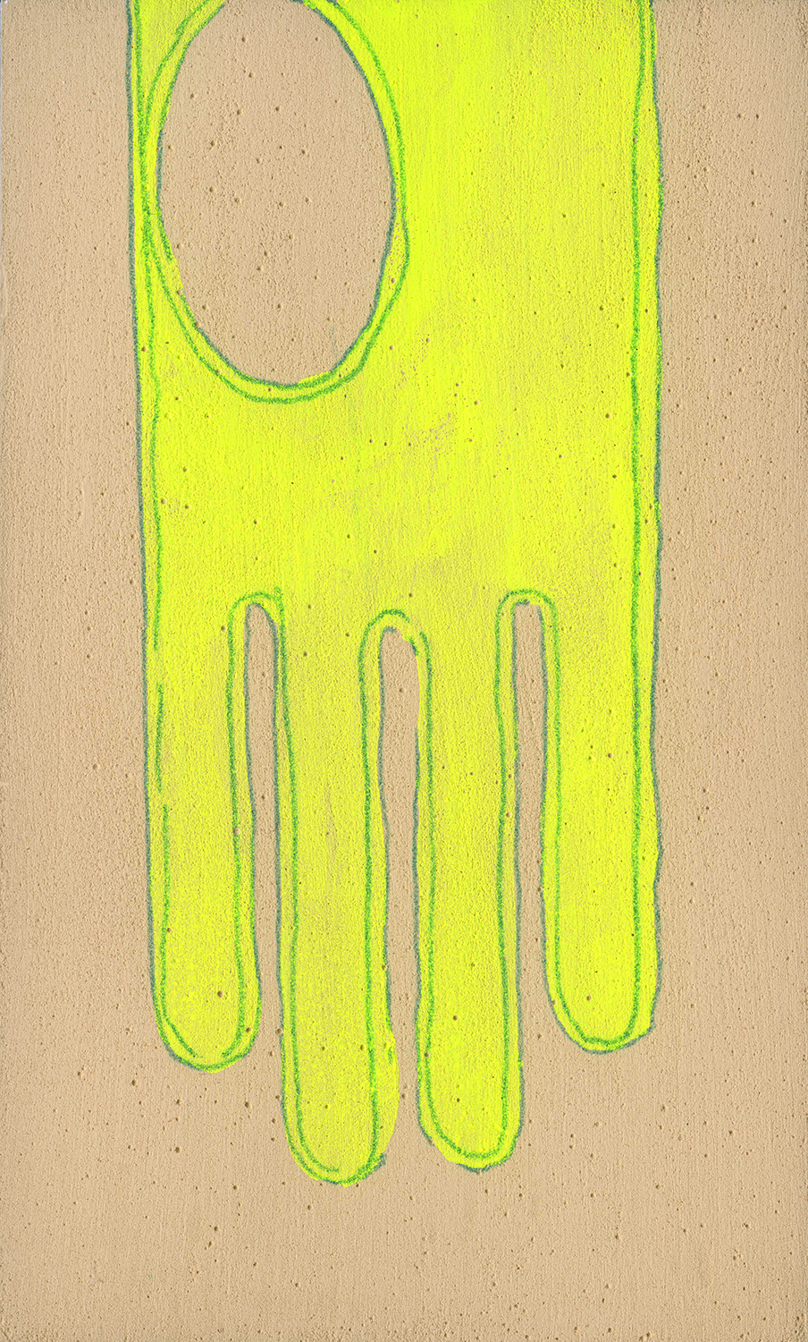 a neon yellow hand form on a tan background