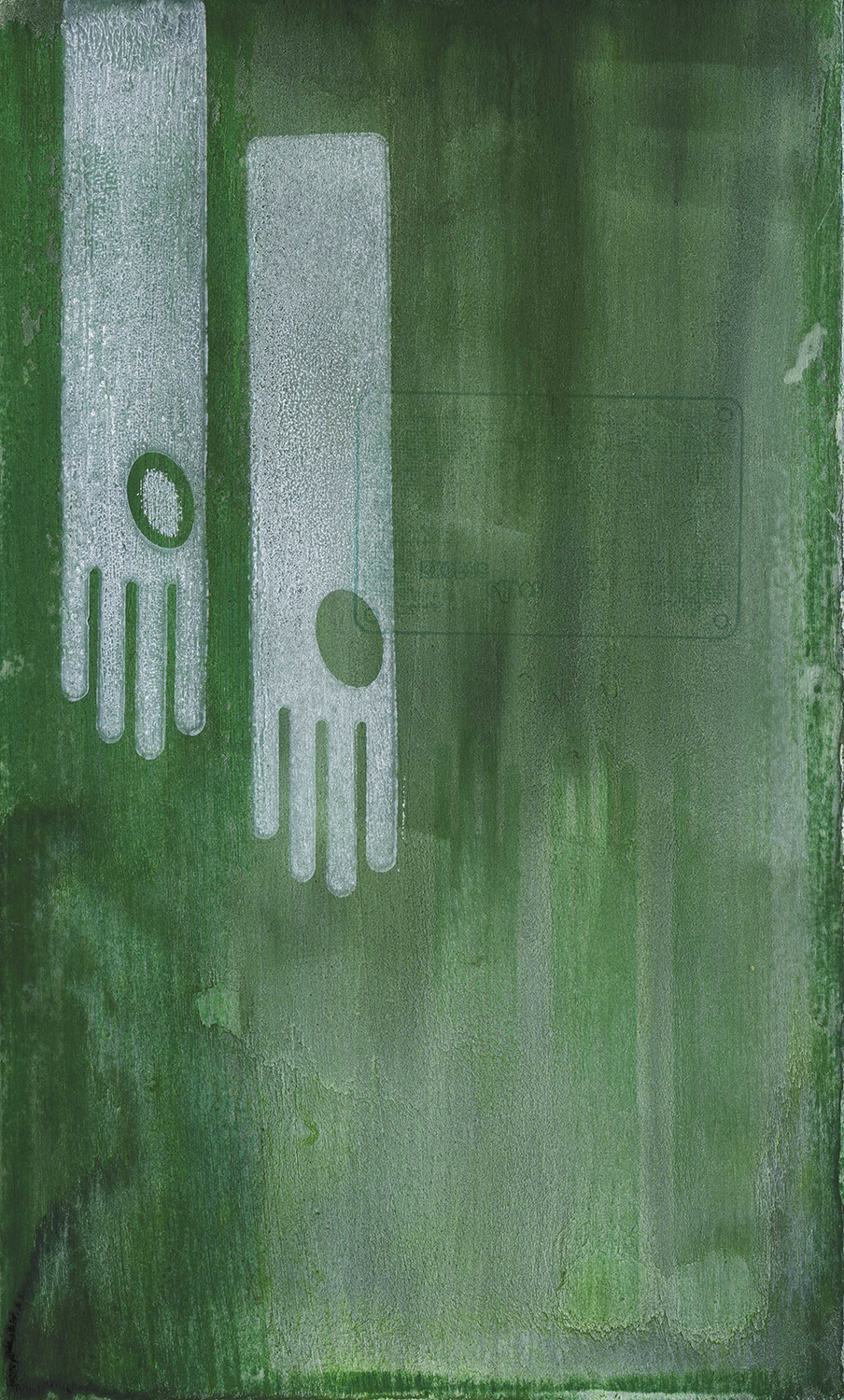 two hanging white glove forms on a green background