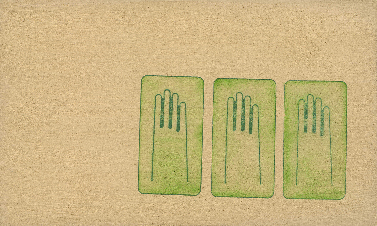 three green gloves in three rectangles on tan ground