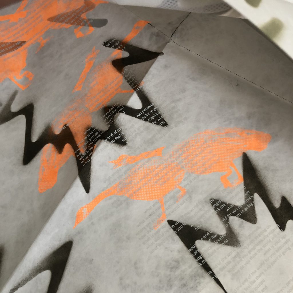 printed explosions and orange geese