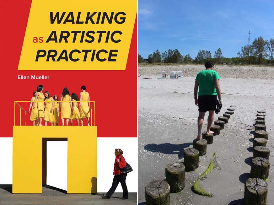 cover of walking book and a photo of a man walking on posts in the beach