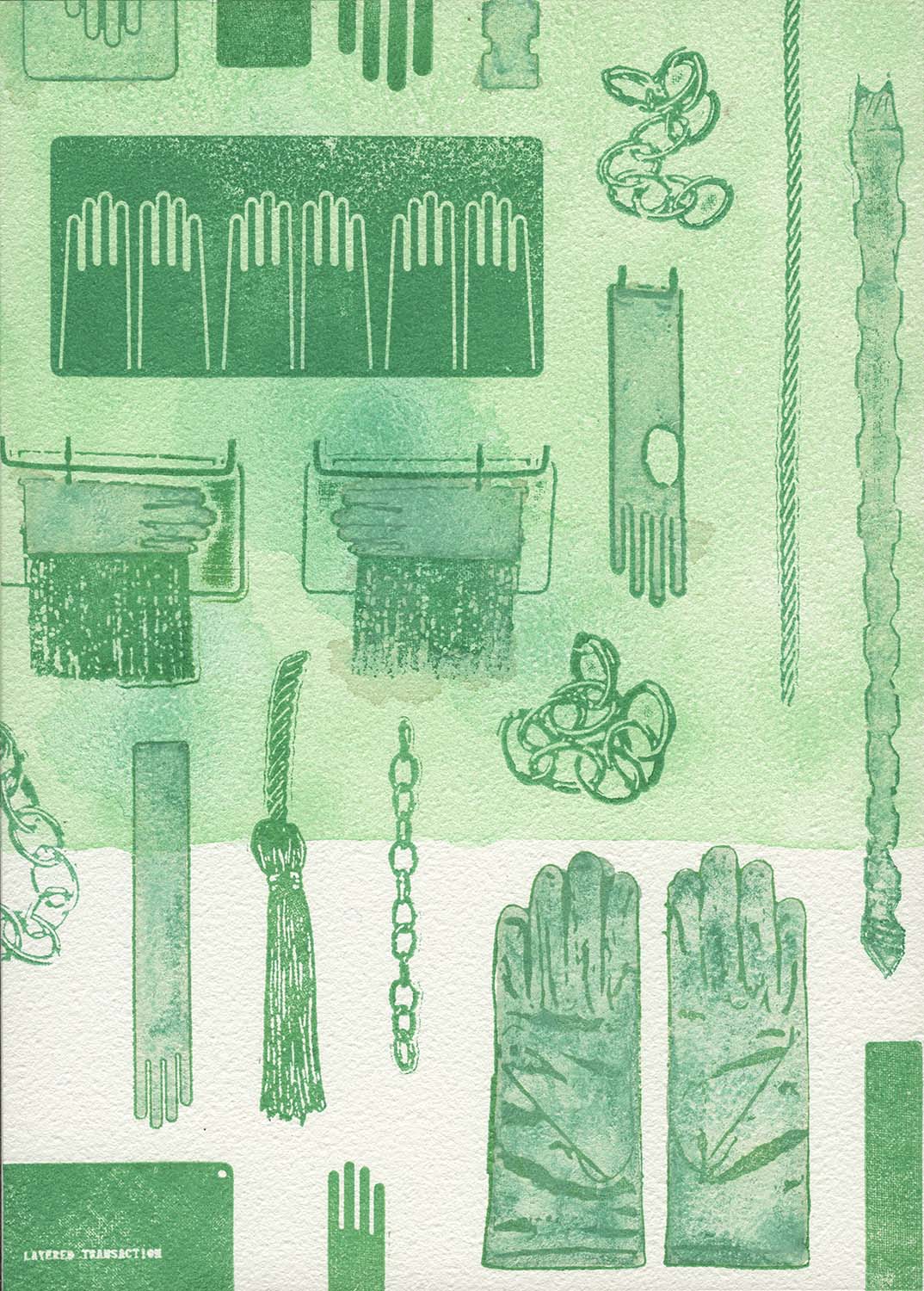 stamped images of gloves chains and tassels