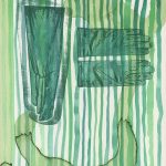three green gloves stamped on top of green watercolor lines and spills