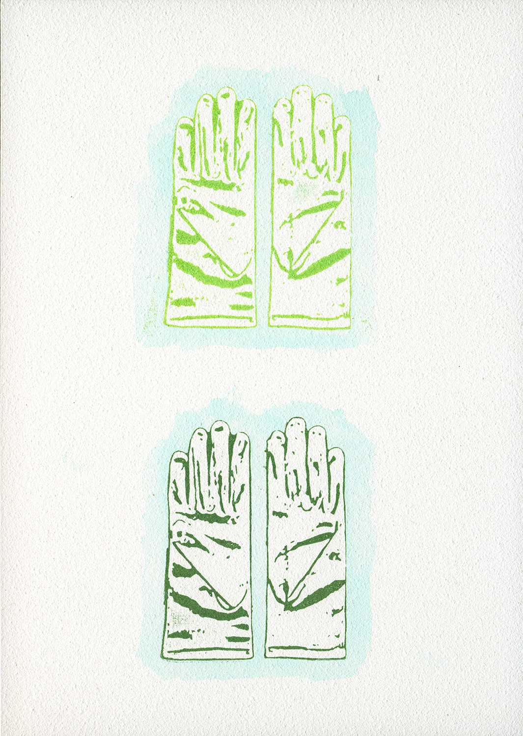 two pairs of green gloves with sea foam green watercolor outlines