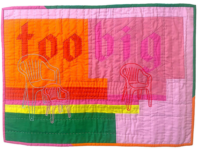 pink orange and green quilt with the words too big and pictures of garden chairs