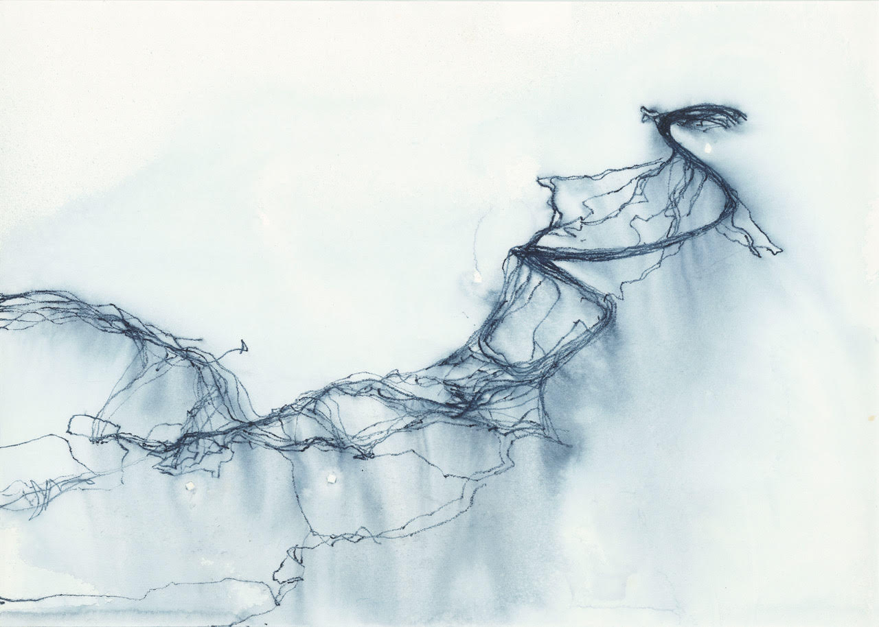 a blue drawing of abstract lines on white paper