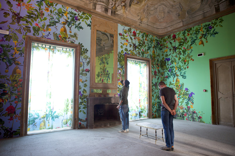 custom wall paper with fruit imagery installed in an old home in Palermo