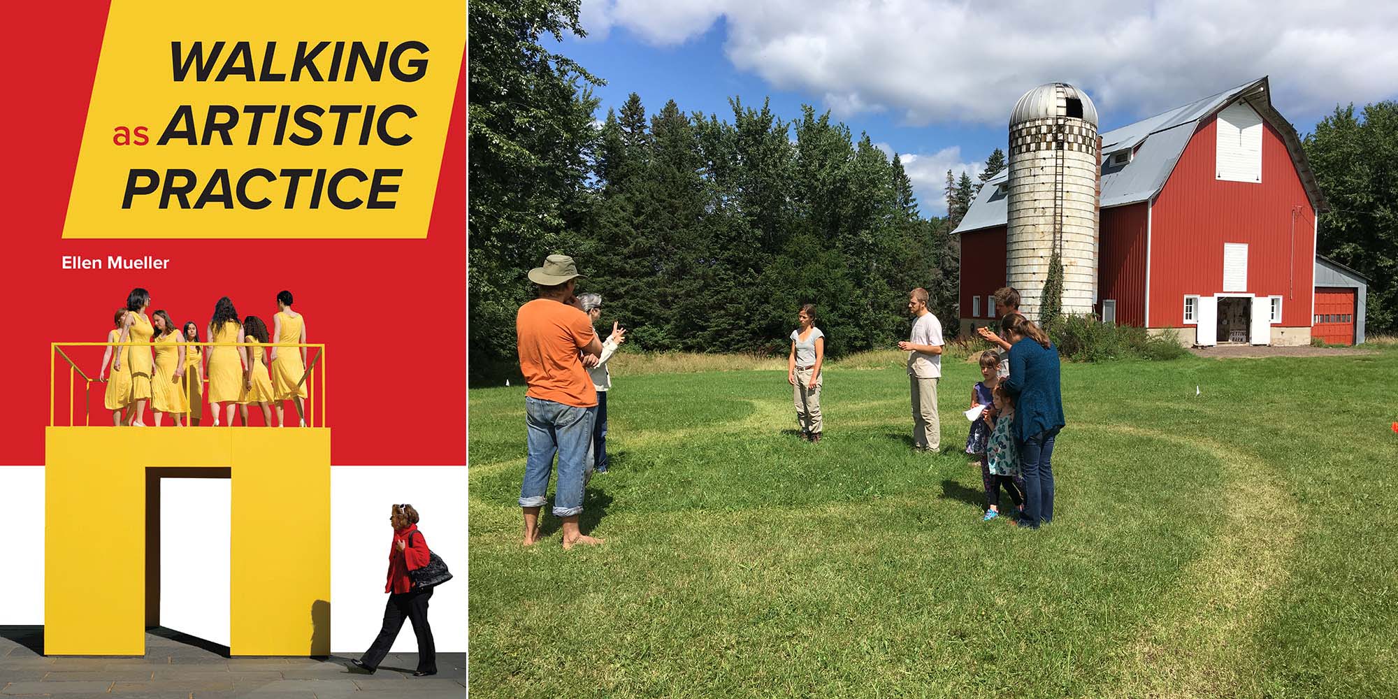 Walking as Artistic Practice book cover and image of people standing in front of barn